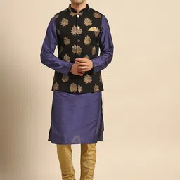 KISAH Mandarin Collar Straight Kurta with Churidar & Nehru Jacket-image-89