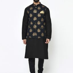 KISAH Mandarin Collar Regular Kurta with Churidar with Printed Nehru Jacket-55