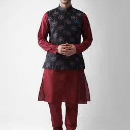KISAH Men Maroon And Black Kurta With Churidar And Ethnic Motifs Printed Nehru Jacket-15