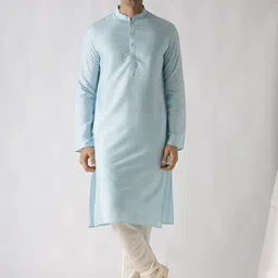 KISAH Men Cream & Blue Cotton Blend Solid Straight Kurta with Churidar & Printed Jacket-4