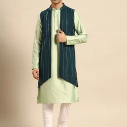 KISAH Mandarin Collar Straight Kurta With Churidar & Jacket-image-57
