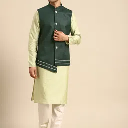 KISAH Mandarin Collar Regular Straight Kurta With Churidar & Nehru Jacket-image-82