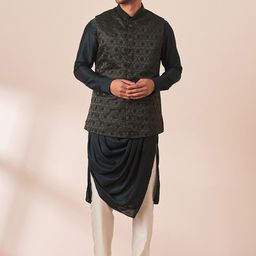 Manyavar Mandarin Collar Asymmetric Kurta with Churidar & Nehru Jacket-image-9