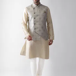 KISAH Men Grey & Cream Solid Kurta with Churidar & Nehru jacket-53