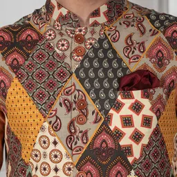 KISAH Men Mandarin Collar Kurta with Dhoti Pants & Printed Nehru Jacket Set image 4