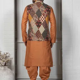 KISAH Men Mandarin Collar Kurta with Dhoti Pants & Printed Nehru Jacket Set image 5