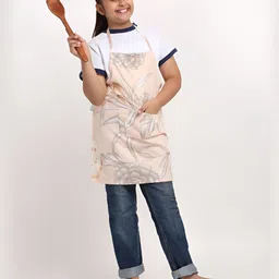 Arrabi Kids Peach Colored & Grey Floral Printed Aprons With 2 Patch Pockets-9