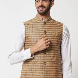 Vastraa Fusion Men Brown Handloom Block Check Print Pure Cotton Nehru Jacket-57