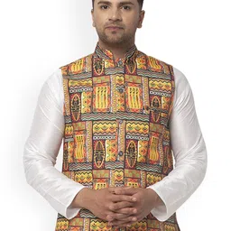 Benstoke Men Yellow Woven Printed Nehru Jackets-55