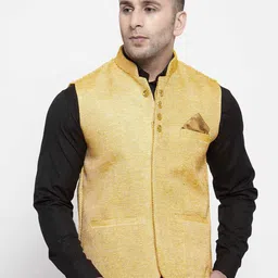 KLOTTHE Men Yellow Woven Design Nehru Jackets-31