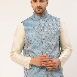 Jompers Men Silver-Toned & Blue Woven-Design Nehru Jackets-15