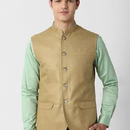 Peter England Elite Men Khaki Printed Woven Nehru Jackets-52