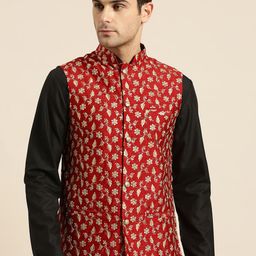 SOJANYA Men Red & Gold-Coloured Woven Design Nehru Jackets-16