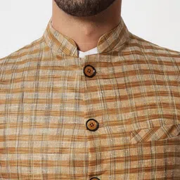 Vastraa Fusion Men Brown Handloom Block Check Print Pure Cotton Nehru Jacket image 5