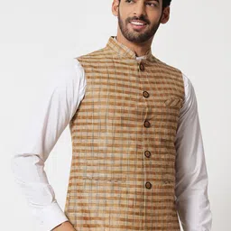Vastraa Fusion Men Brown Handloom Block Check Print Pure Cotton Nehru Jacket image 4