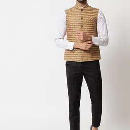 Vastraa Fusion Men Brown Handloom Block Check Print Pure Cotton Nehru Jacket image 2