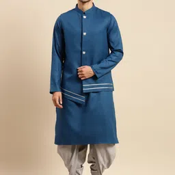 KISAH Men Teal Blue & Grey Kurta with Dhoti Pants & Nehru Jacket-image-10