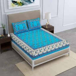 uniqchoice Blue Floral 120 TC Cotton Queen Sized Bedsheet with 2 Pillow Cover-picture-41