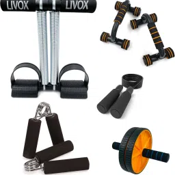 Tummy Trimmer, Pushup Bar And Abs Wheel Roller With Skipping Rope, 2 Hand Grips Fitness Accessory Kit Kit-18