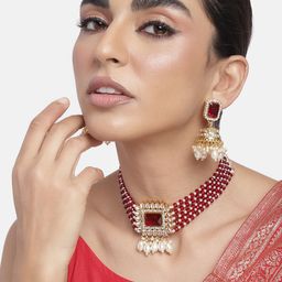 Peora Maroon Gold-Plated Kundan Pearl Studded Choker Necklace Jewellery Set image 2