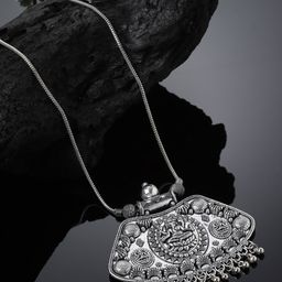 Sanjog German Silver-Plated Temple Lakshmi Design Pendant Oxidised Necklace-image-32