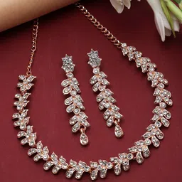 ZENEME Rose Gold Plated Cubic Zirconia Studded Leafy Shaped Jewellery Set-6