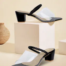 TRASE Black Textured Block Sandals with Buckles-18