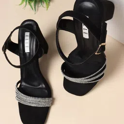 ELLE Women Black & Silver-Toned Embellished Block Heels-16