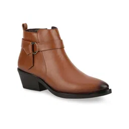 Bruno Manetti Women Brown & Black Leather Block Heeled Boots with Buckles-67