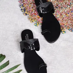 Anouk Black Embellished Fabric Open One Toe Flats-10