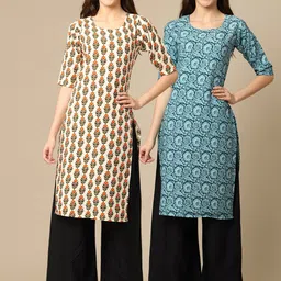 1 Stop Fashion Women Pack Of 2 Beige & Sea Green Printed Crepe Straight  Kurta-image-90