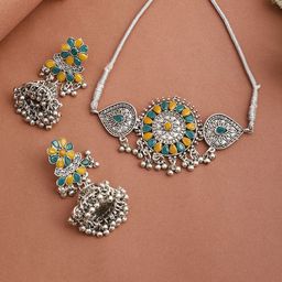DEGHLAM Silver-Plated Stones Studded Choker Jewellery Set-image-18