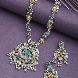 DEGHLAM Sliver-Plated Stone-Studded & Beaded Jewellery Set-image-19