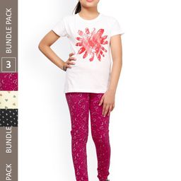 IndiWeaves Girls Pack Of 3 Printed Cotton Churidar-Length Leggings-image-80