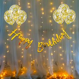 Solid Golden Theme Happy Birthday Kit-1Banner,6Gold Confetti,1Led Light,2Curtains Balloon-28