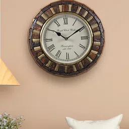 Aapno Rajasthan Brown & Gold-Toned Wooden Bricks Round Analogue Wall Clock 30cm-picture-11