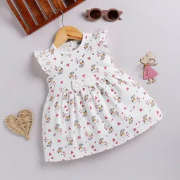 Happy Faces Girls Cotton Printed Flutter Sleeve Fit & Flare Dress-image-35