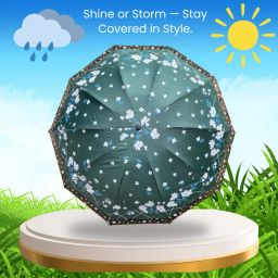 Net Umbrella, 3-Fold Floral Pattern , Lightweight Travel-Friendly, Green Umbrella-image-88