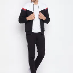 WILD WEST Men Black & White Solid Cotton Fleece Tracksuit-image-39