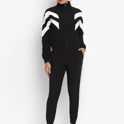 HRX by Hrithik Roshan Black & White Colourblocked Stand Collar Tracksuit-image-12