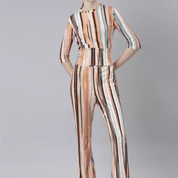SHOWOFF Striped Round-Neck Top with Mid-Rise Trouser-image-50