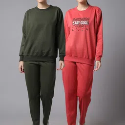 mack jonney VIMAL JONNEY Women Pack Of 2 Olive Green & Orange Printed Fleece Tracksuits-picture-7
