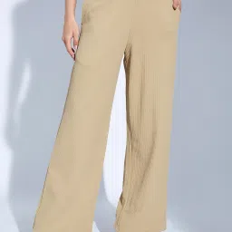 Women Relaxed Khaki Lycra Blend Trousers-image-42
