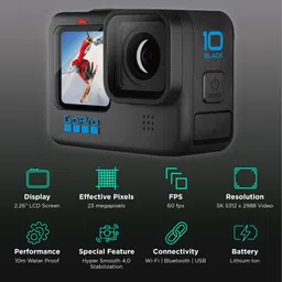 go pro GoPro Hero10 5.3K and 23MP 60 FPS Waterproof Action Camera with Touch Screen (Black) image 2