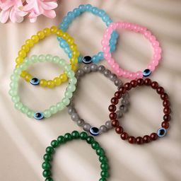 NVR Unisex Set Of 7 Crystals Beaded Evil Eye Elasticated Bracelet-40
