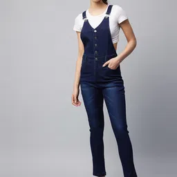 StyleStone Women Navy Blue  Solid Slim Fit Denim Dungarees-picture-10