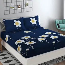 Bajo's Navy Blue & White Floral Printed 250 TC Fitted Queen Bedsheet with 2 Pillow Covers-image-11