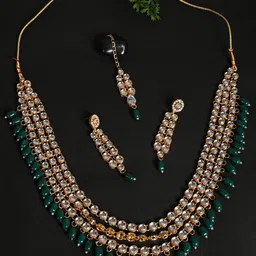 Anouk Green Gold-Plated Kundan Studded & Beaded Layered Multistranded Jewellery Set-9