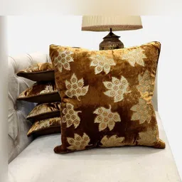 Good Vibes Brown & Cream-Coloured Set of 5 Embroidered Velvet Square Cushion Covers-0