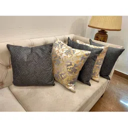 Good Vibes Grey & Gold-Toned Set of 5 Embroidered Square Cushion Covers-56